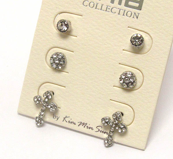 Crystal stud ball and cross earring - set of 3