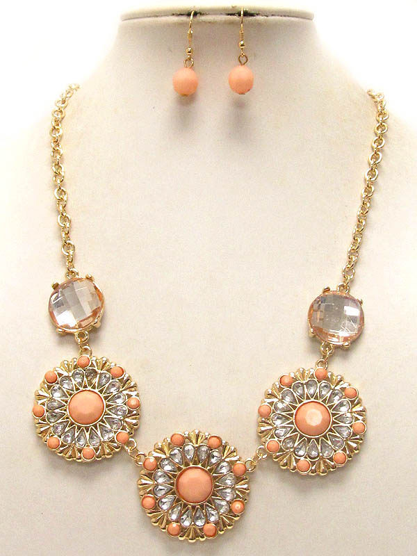 Crystal and facet acrylic stone deco three flower link necklace earring set