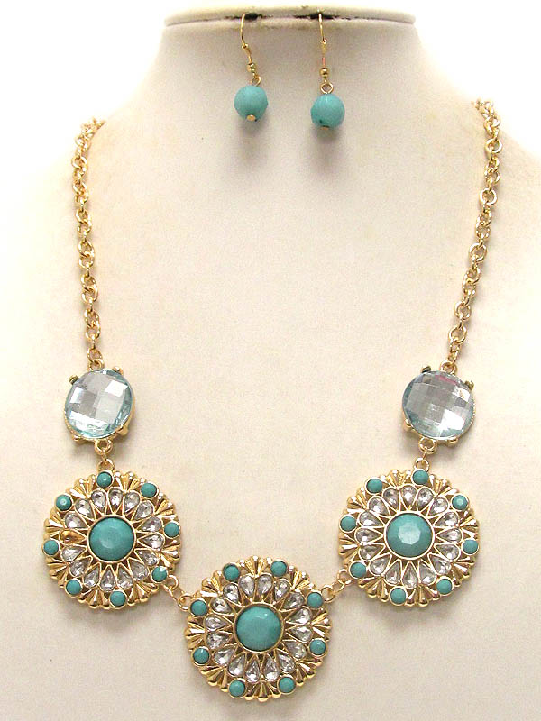 Crystal and facet acrylic stone deco three flower link necklace earring set