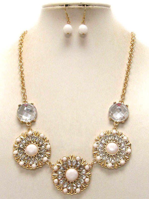 Crystal and facet acrylic stone deco three flower link necklace earring set