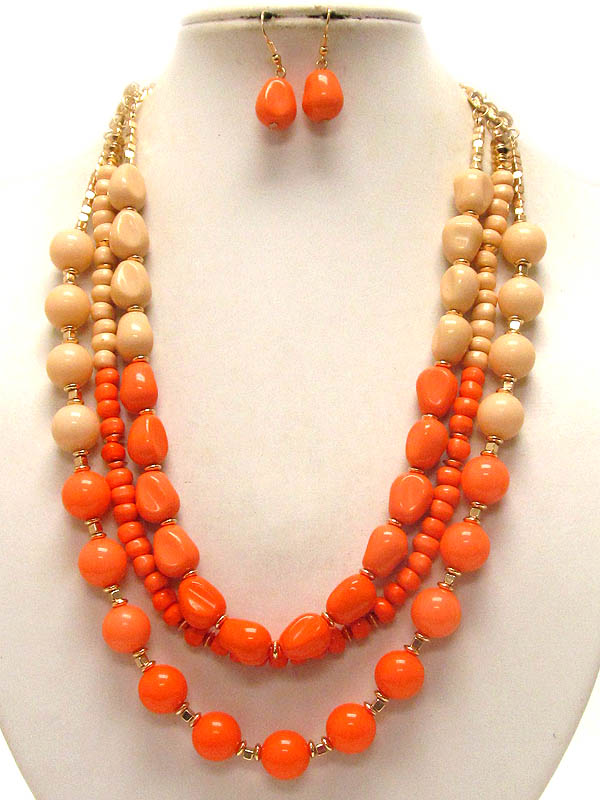 Three layered multi seed bead and ball chain necklace earring set