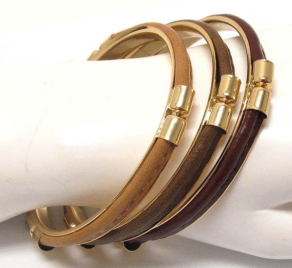 Metal bangle and leatherette deco bracelet - set of 3