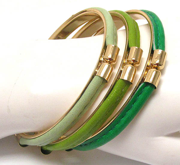 Metal bangle and leatherette deco bracelet - set of 3