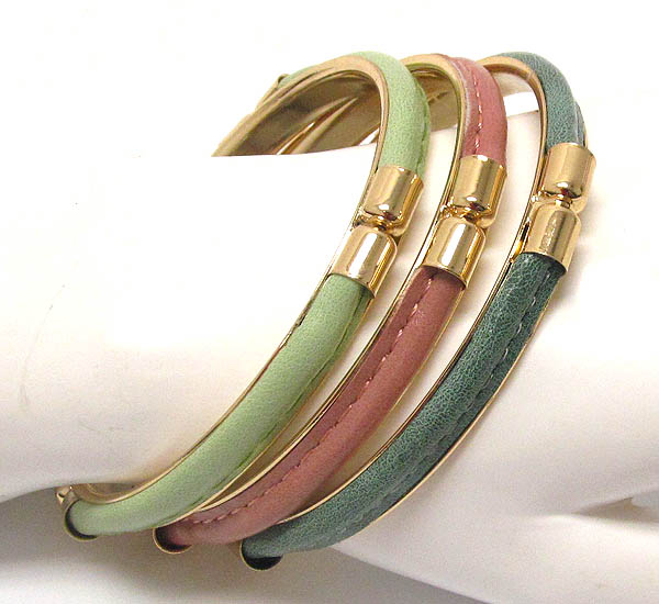 Metal bangle and leatherette deco bracelet - set of 3