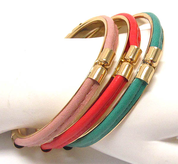 Metal bangle and leatherette deco bracelet - set of 3