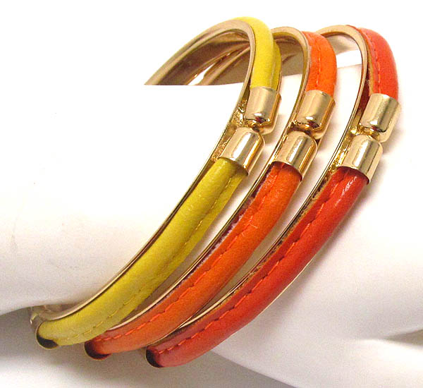 Metal bangle and leatherette deco bracelet - set of 3