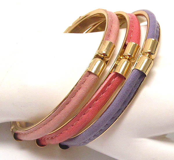 Metal bangle and leatherette deco bracelet - set of 3