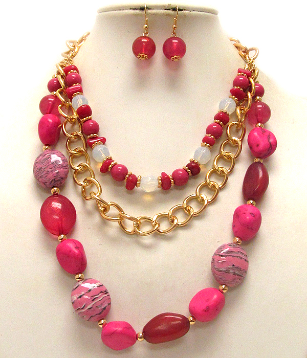 Multi acryl and glass and chain three layer necklace earring set