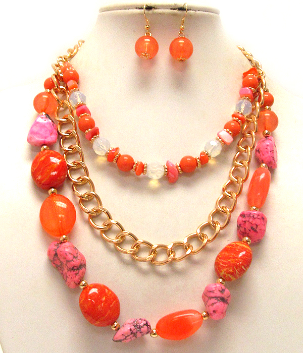 Multi acryl and glass and chain three layer necklace earring set