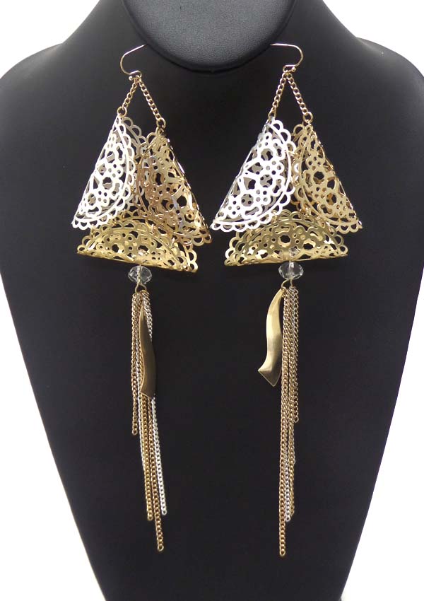 Puffy triangle spring vintage mixed metal filigree drop multi chain earring