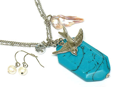 Turquoise stone and mop and pearl necklace and earring set - bird 