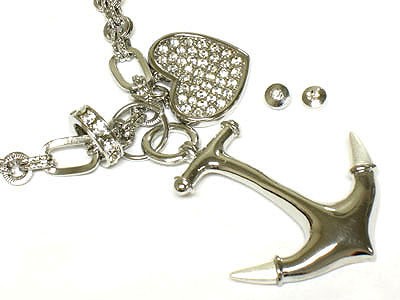 Nautical anchor with crystal heart and ring necklace set