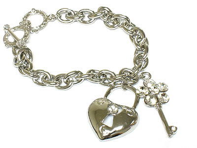 Crystal key and lock dangle chain bracelet