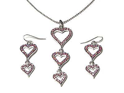 Crystal triple heart pendant necklace and bracelet set