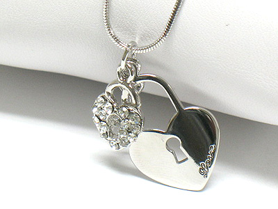 Made in korea whitegold plating double layer crystal heart lock pendant necklace