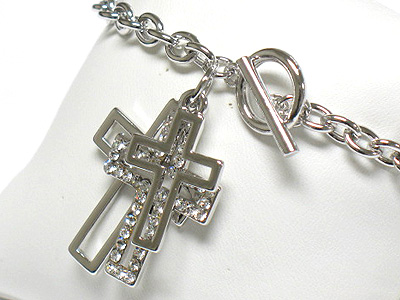 Made in korea whitegold plating crystal multi cross charm dangle toggle bracelet