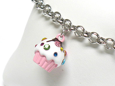 Made in korea whitegold plating crystal and enamel ice cream cup charm dangle bracelet