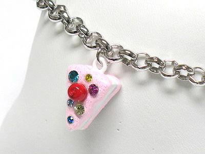 Made in korea whitegold plating crystal and enamel miniature cake piece charm dangle bracelet