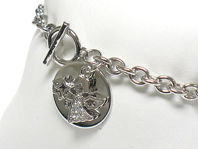 Made in korea whitegold plating double layer crystal angel charm dangle toggle bracelet