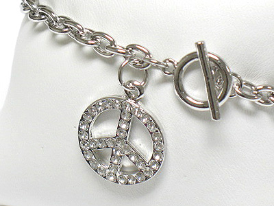 Made in korea whitegold plating crystal peace mark charm dangle toggle bracelet