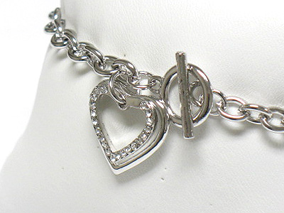 Made in korea whitegold plating crystal double heart charm dangle toggle bracelet