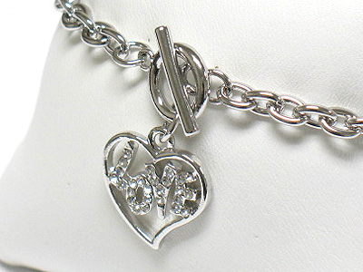 Made in korea whitegold plating crystal love theme heart charm dangle toggle bracelet