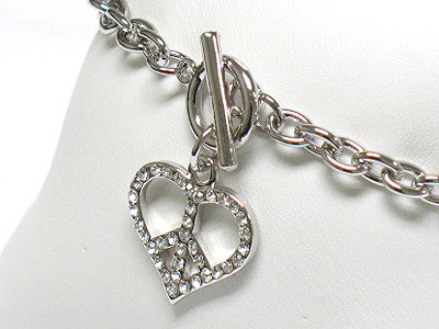 Made in korea whitegold plating crystal peace theme heart charm dangle toggle bracelet