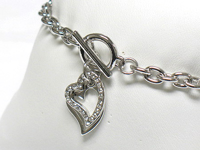 Made in korea whitegold plating crystal double heart charm dangle toggle bracelet