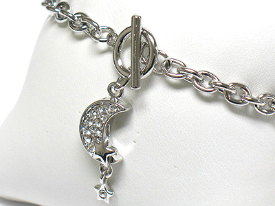 Made in korea whitegold plating crystal crescent and star dangle toggle bracelet