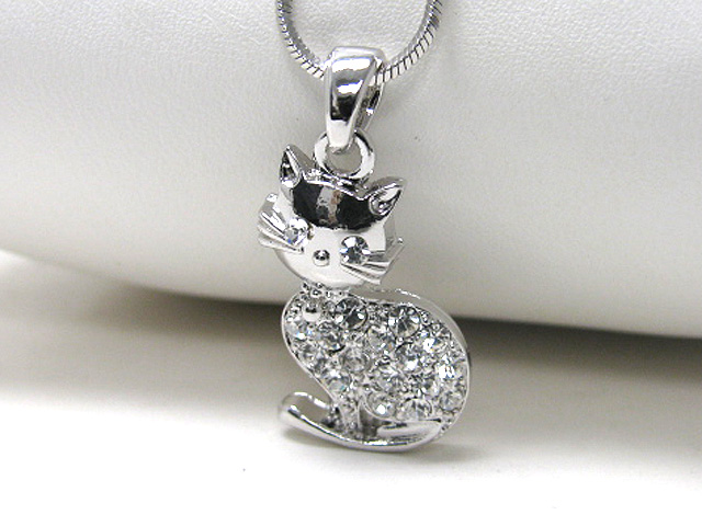 Made in korea whitegold plating crystal stud cat pendant necklace