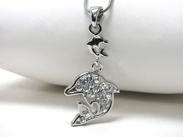 Made in korea whitegold plating crystal stud dolphin pendant necklace