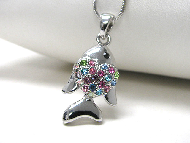 Made in korea whitegold plating crystal stud fish pendant necklace