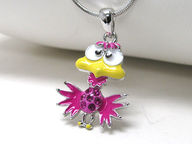 Made in korea whitegold plating crystal stud metal epoxy cartoon eagle pendant necklace