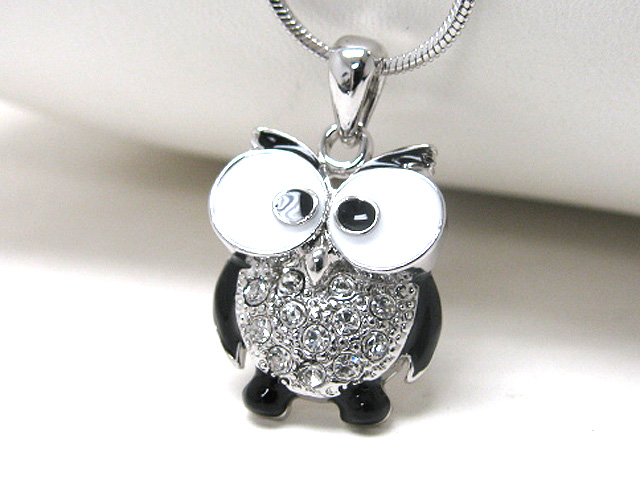 Made in korea whitegold plating crystal stud metal epoxy cartoon owl pendant necklace