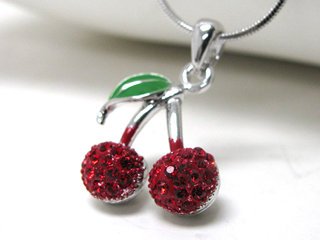 Made in korea whitegold plating crystal stud metal epoxy cherry pendant necklace