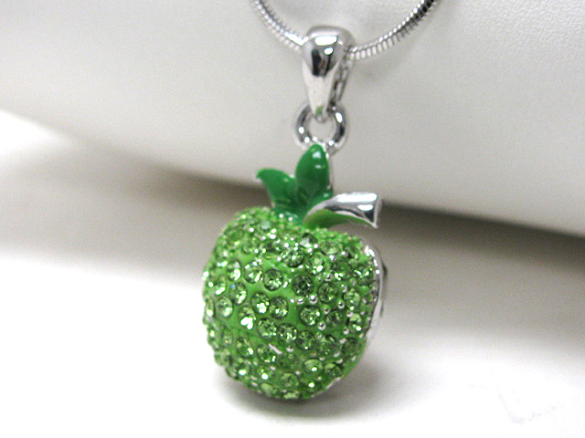 Made in korea whitegold plating crystal stud metal epoxy green apple pendant necklace