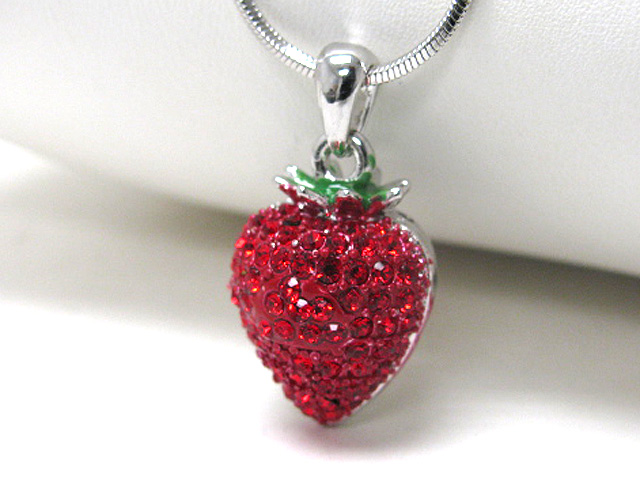 Made in korea whitegold plating crystal stud metal epoxy strawberry pendant necklace