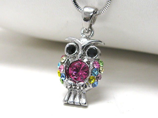 Made in korea whitegold plating crystal stud owl pendant necklace