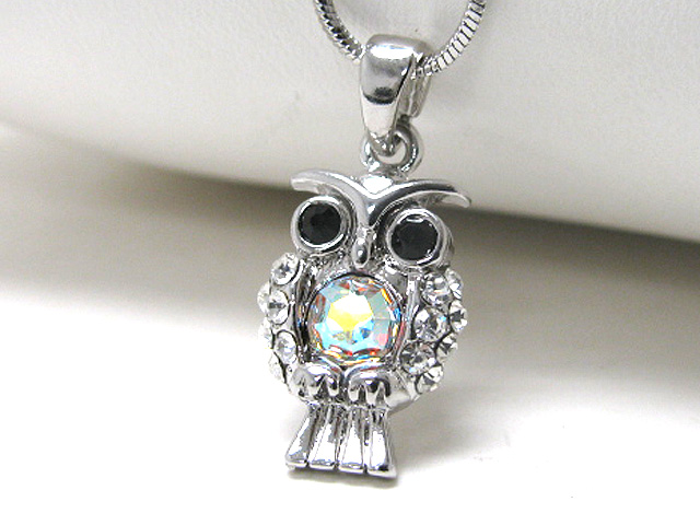 Made in korea whitegold plating crystal stud owl pendant necklace