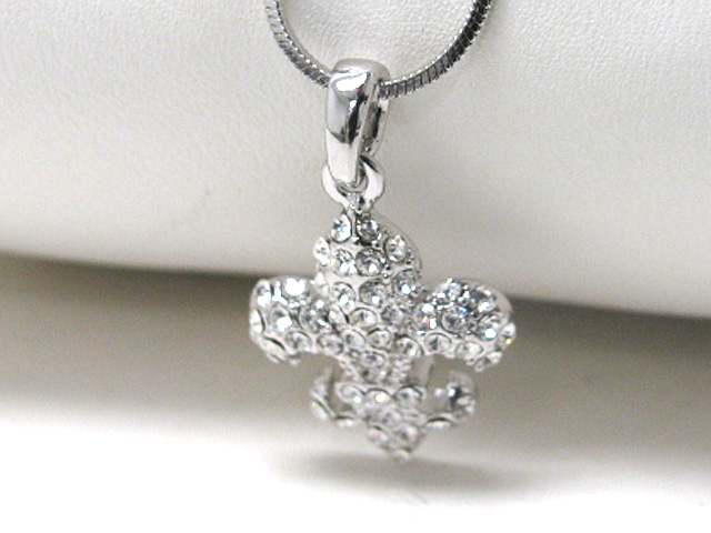 Made in korea whitegold plating crystal stud fleur de lis pendant necklace