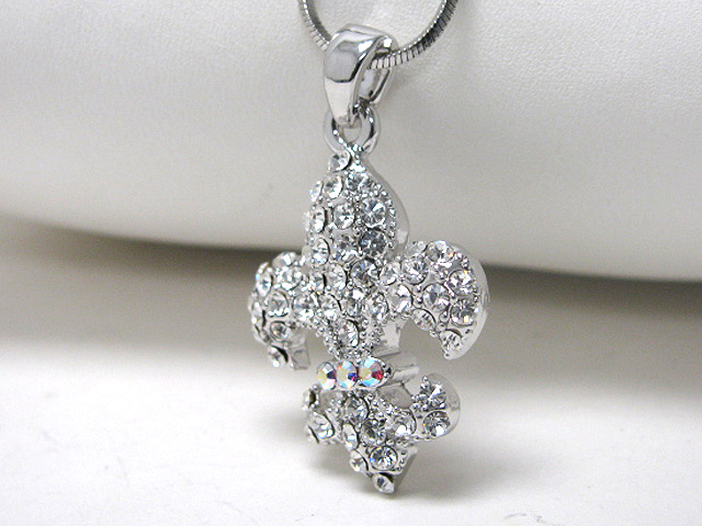 Made in korea whitegold plating crystal stud fleur de lis pendant necklace