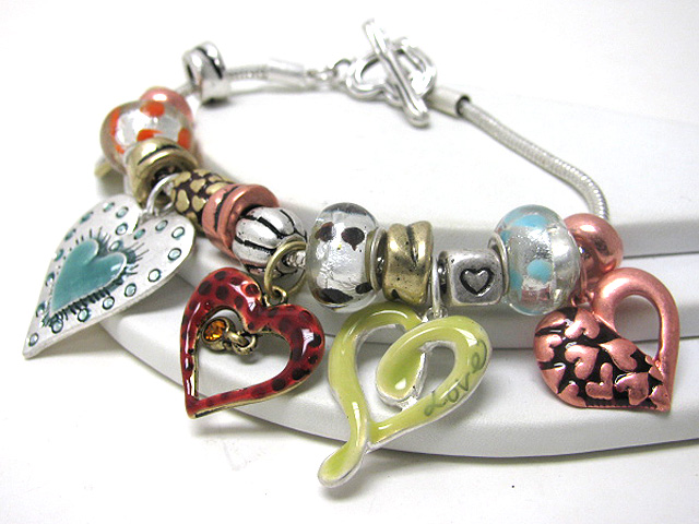 Mixed epoxy metal heart charm dangle bracelet