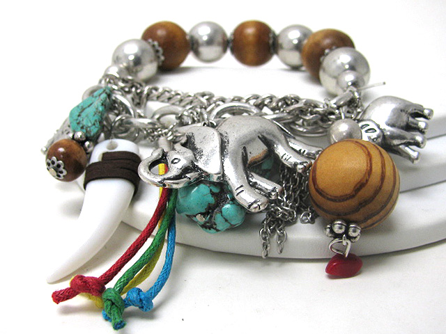 Elephant charm dangle wood and metal ball stretch bracelet