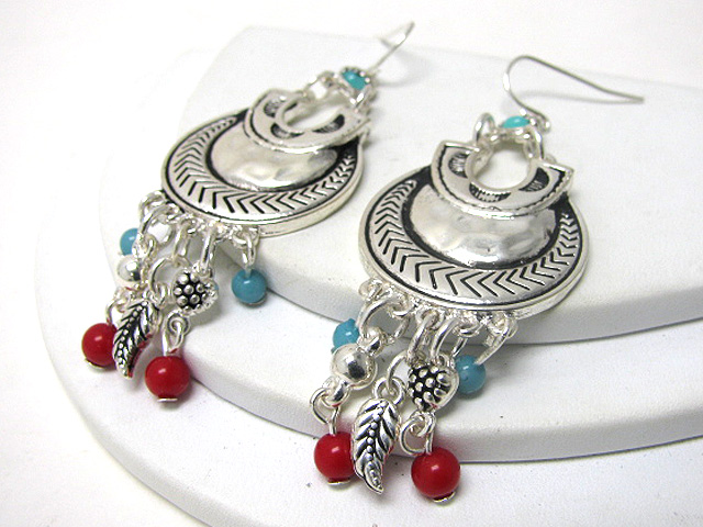 Turquoise and coral ball dangle metal earring