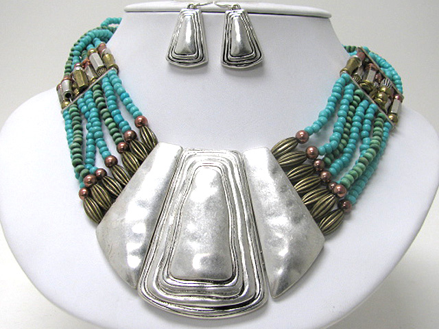 Ethnic style hammered metal multi row stone beads necklace earring set