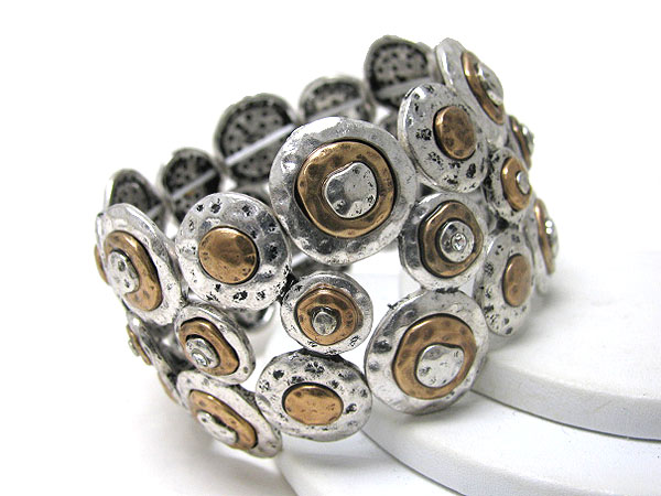 Burnish silver and gold multi metal textured disk link stretch bracelet