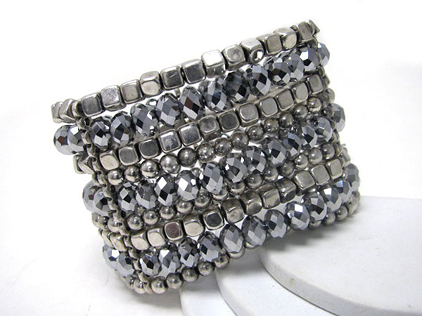 Multi glass and metal bead wide stretch bracelet