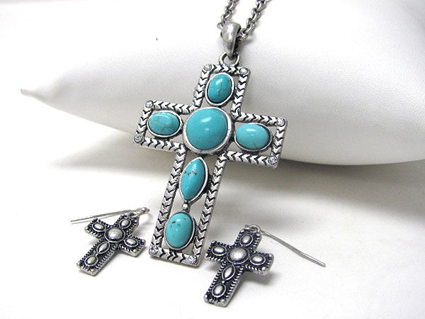 Turquoise center cross necklace earring set