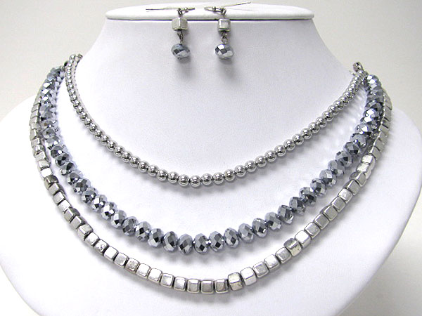 Metal and glass bead link 3 line necklace earring set