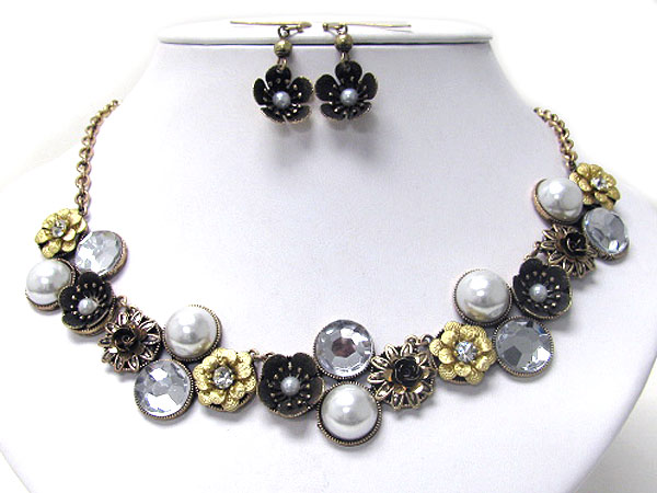 Crystal center metal flower and pearl deco necklace earring set